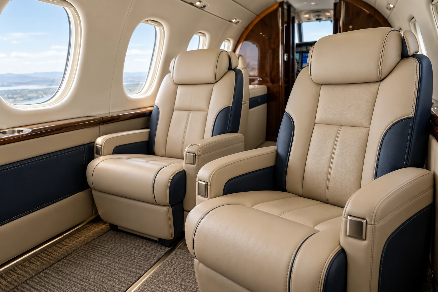 Leather passenger seats inside a private aeroplane cabin