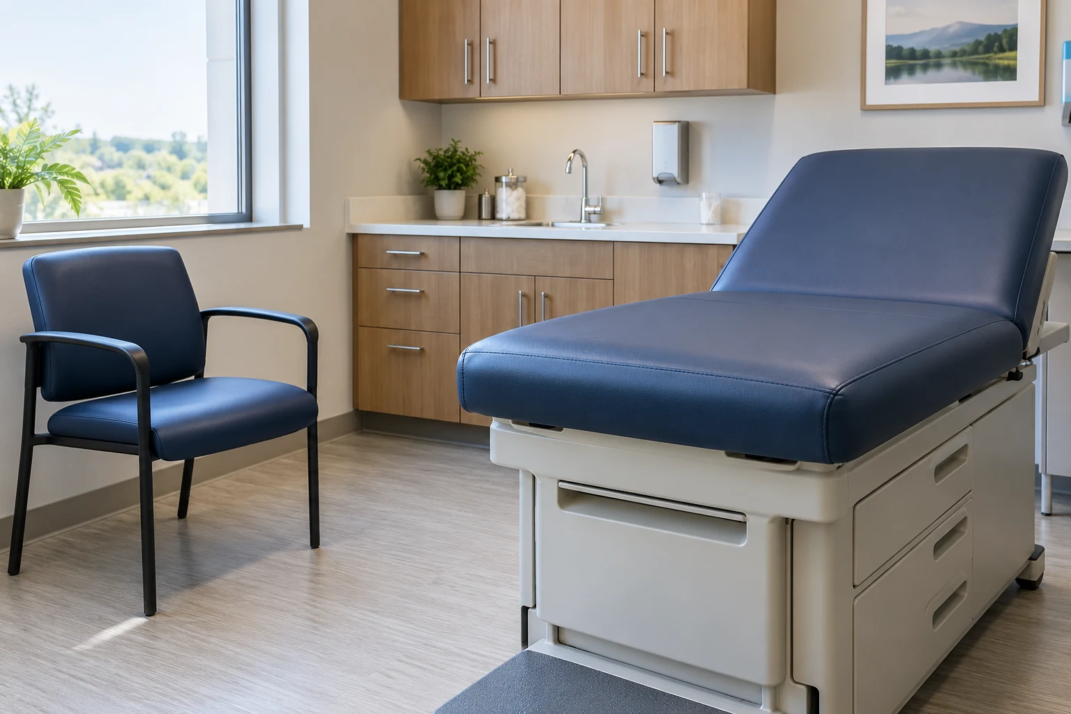Upholstered examination table and patient chair in a medical room