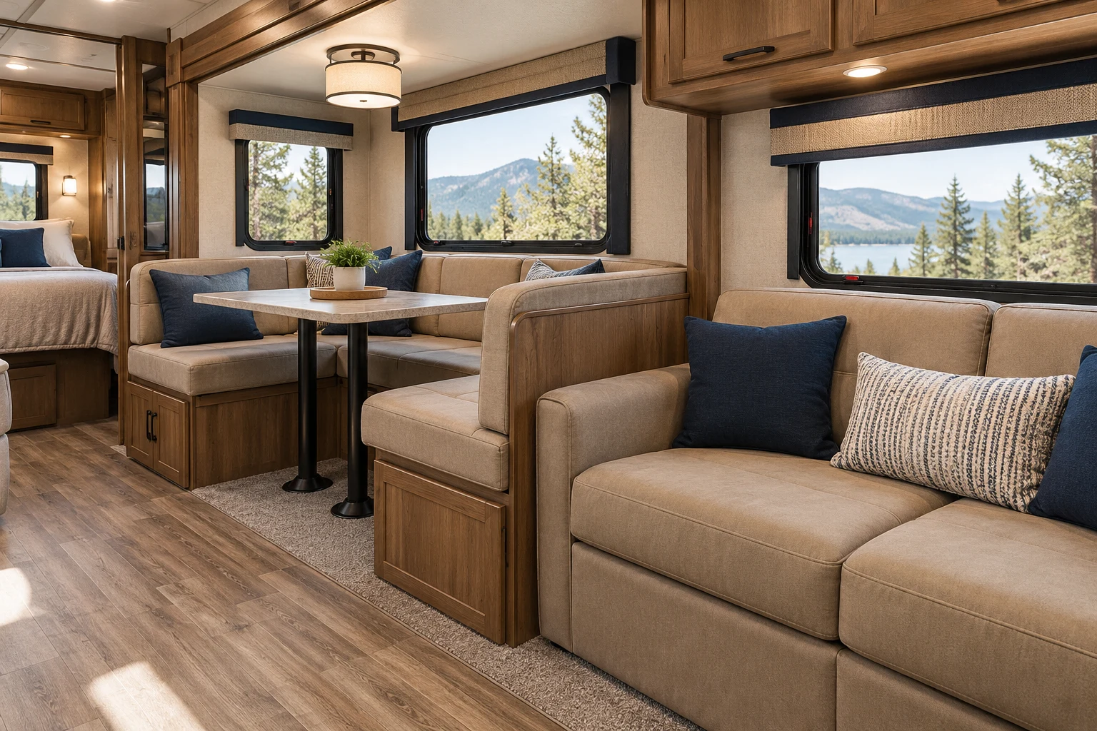 RV interior with upholstered dinette seating and sofa